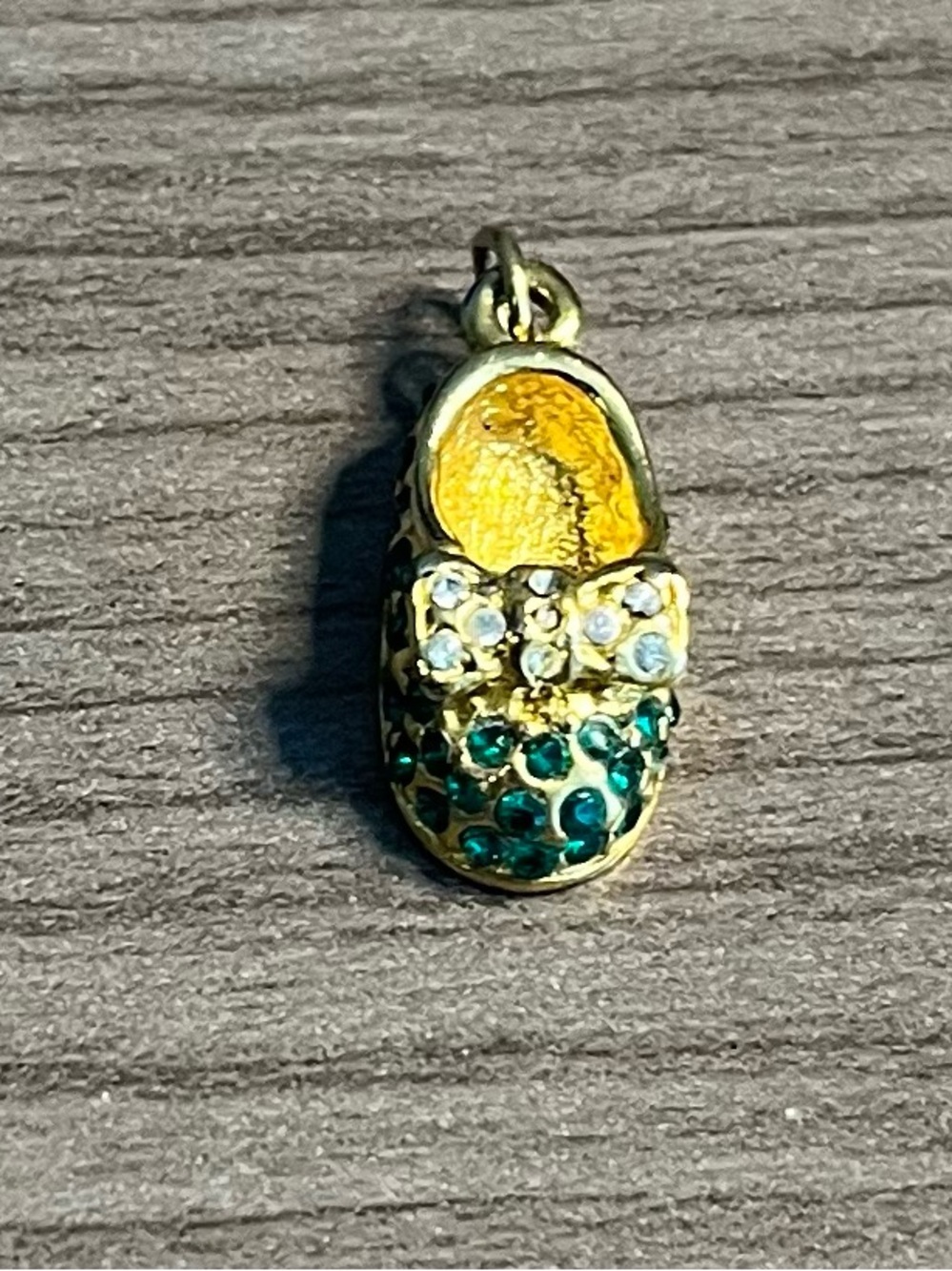 Gold Baby Shoe Charm with Green and Clear Crystals